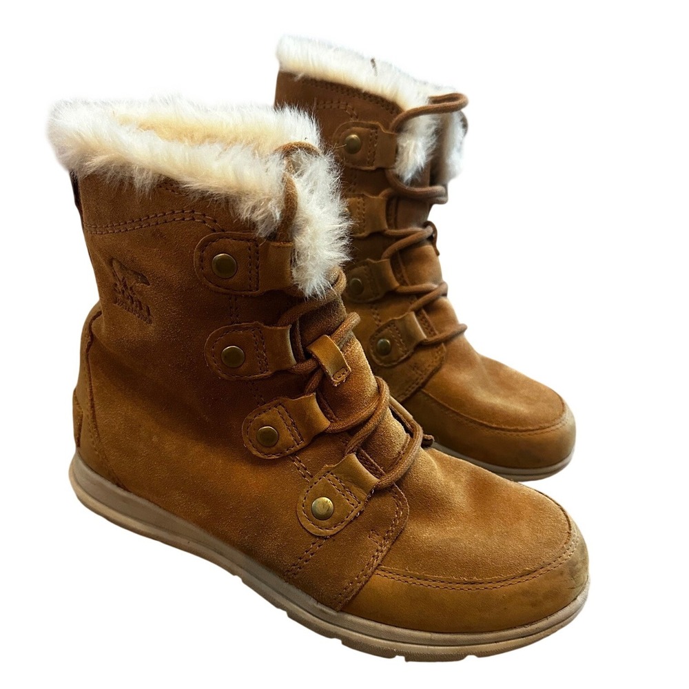 Sorel Camel Suede With White Faux Fur Joan Winter Boots Women's 8